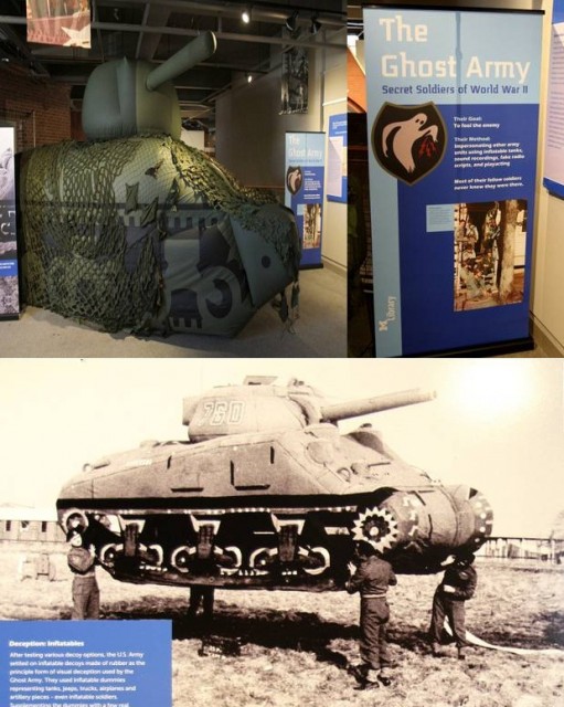 The Woonsocket Exhibit about the Ghost Army: replica of the inflatable tank (left) and booth about the Ghost Army exhibit (right); (below) picture of a real inflatable tank used by the Ghost Army during WWII.