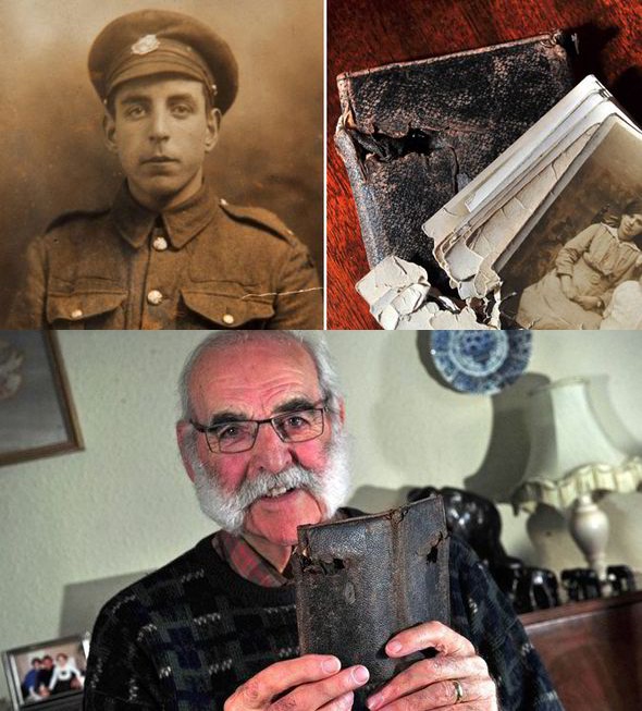The WWI trooper and his "lucky wallet" - (left) WWI trooper Albert Rice, (right) his bullet-hole-ridden wallet with its content and (below) his son, Bill, with that same wallet which had saved his father's life during WWI. (All photos by CATERS from Express News)