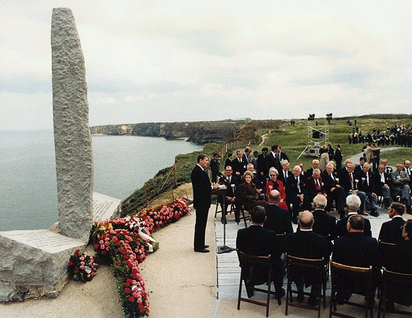 Ronald Reagan on the 40th Anniversary of D-Day, standing atop Pointe du Hoc