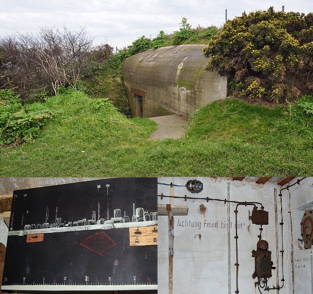 The Second World War bunker in Guernsey set to open to the public in May. (Bottom left) The bunker's range finder which shows a snapshot of how the island looked in 1945; (Bottom right) inside the Guernsey bunker which used to house a 4.7 cm. Czech anti-tank gun. (Photo: BBC)