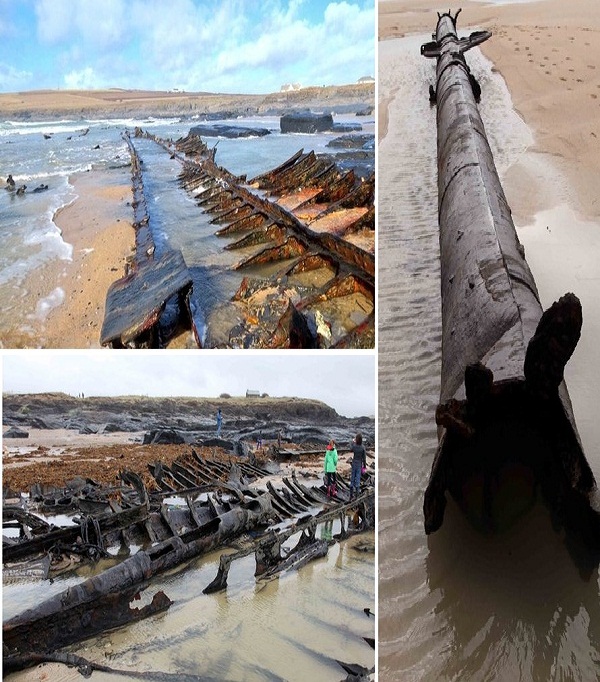 The debris of the WWI German ship SV Carl bared by the storms at a Cornish bay. (Photos: BBC/Phil Ellery/Crispin Sadler)