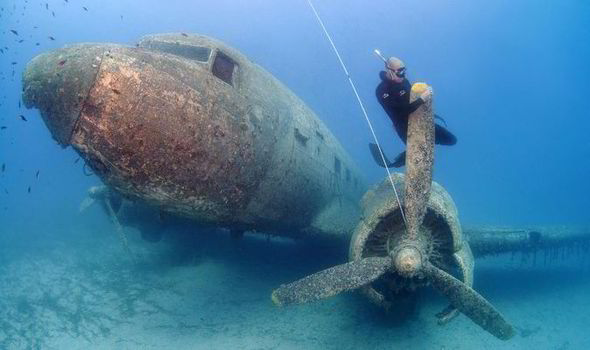 A diver posing at the DC-3's propeller. (Photo: Express/Medavia)