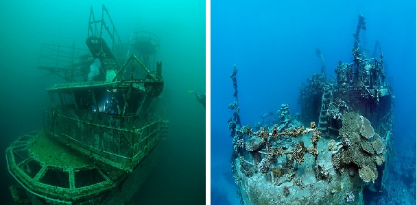 (Left) Doty in Lake Michigan and the (Right) Russian ship wreck in Zabagad island.