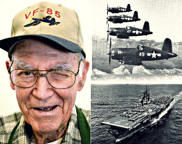 WWII veteran John Moore, one of the Navy's youngest pilots during WWII who recently turned 90. (Above right) The F4U Corsair, same craft Moore flew during the war and (Bottom right) the USS Shangri-la, his craft's carrier.