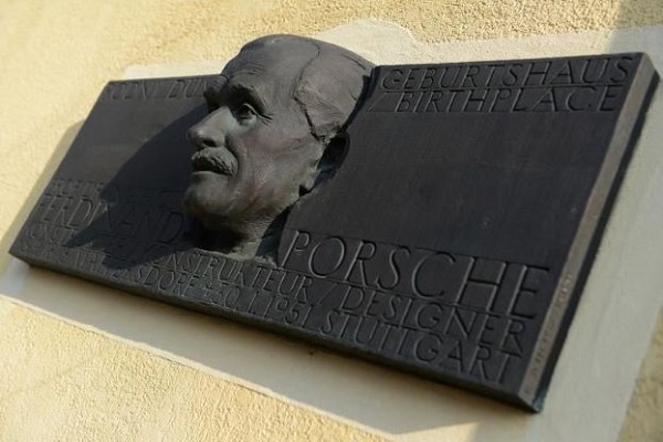 Porsche memorial plaque mounted on his family home in the town of Vratislavice.