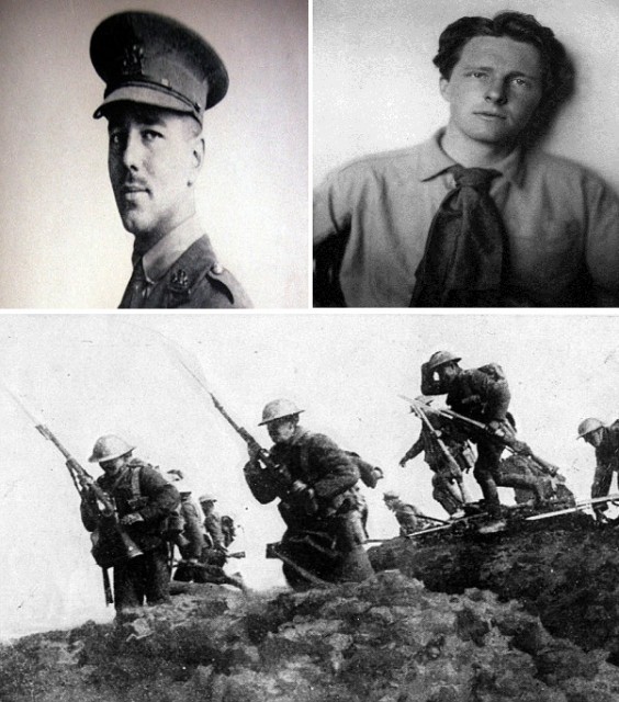 WWI and Its Poets: (Left) Wilfred Owen who was characterized by his grim-filled WWI poems and (Right) Rupert Brooke who had a more patriotic approach in his war verses. (Below) A still from the WWI trench warfare. 