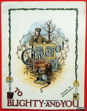 Great War Christmas card circa 1914 with the phrase "To Blighty (which meant Britain) and You". 