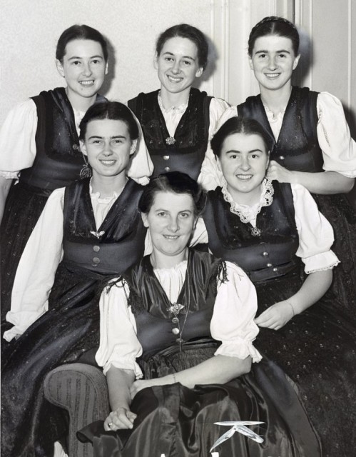 The von Trapp sisters with their stepmother, Baroness Maria von Trapp (front center). The younger Maria von Trapp is in the center row, left.