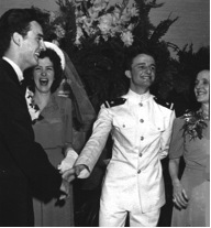  Ensign Amick enjoying a chuckle during his wedding celebration in 1942. Courtesy/Joanne Amick Comer