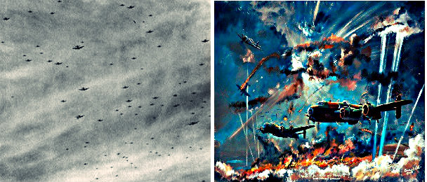 Nuremberg Raid 1944, in Reality and in Art: The night sky was clear the Germans were able to spot the huge number of Lancaster bombers and was able to see through the ruse it ensued a great carnage. 