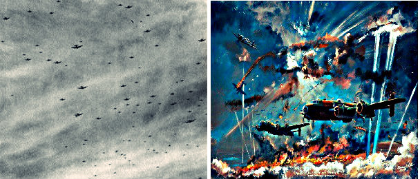 Nuremberg Raid 1944, in Reality and in Art: The night sky was clear the Germans were able to spot the huge number of Lancaster bombers and was able to see through the ruse it ensued a great carnage.