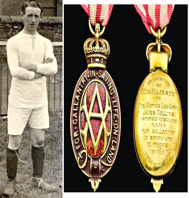 James Collins during his football years and the rare Albert Medal he received for his WWI heroism.