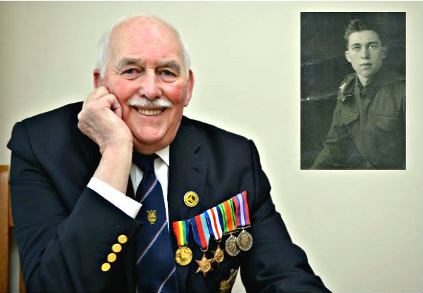 John Cornwell, now an 87-year-old former engineer, donning on the medals he received for his service during WWII. [Inset] Him as a young WWII soldier.
