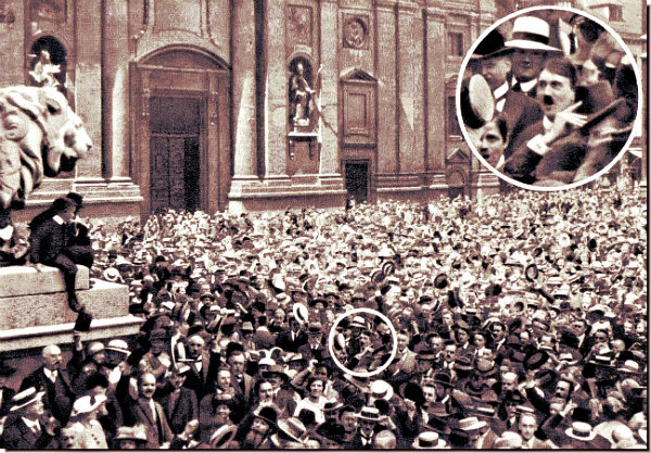 The famous Odeonsplatz photo of Hitler...real or not? (Coloring manipulated)
