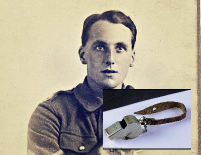 Corporal Joseph Clucas with (inserted photo) the whistle.
