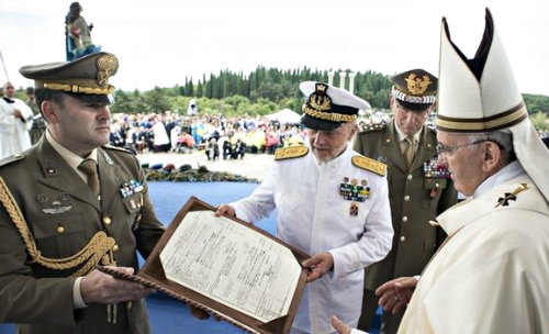 Italian officials giving Pope Francis the document which stated that his grandfather had been enrolled in military service and fought in WWI before migrating to Argentina.