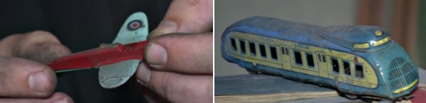 Some of the vintage toys found in the "time capsule" room - a Spitfire model and a classic toy train.
