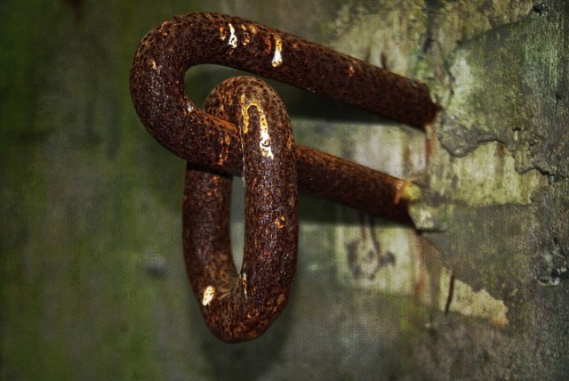 Big and heavy, rusted but still strong enough to help lifting a a massive gun mounted in the pillbox.There were always two sets of these hooks: one attached to the ceiling and the other one on the wall at the back of the gun. Iron ropes would be attached to them to help lifting the gun from its place when it needed replacement or servicing.