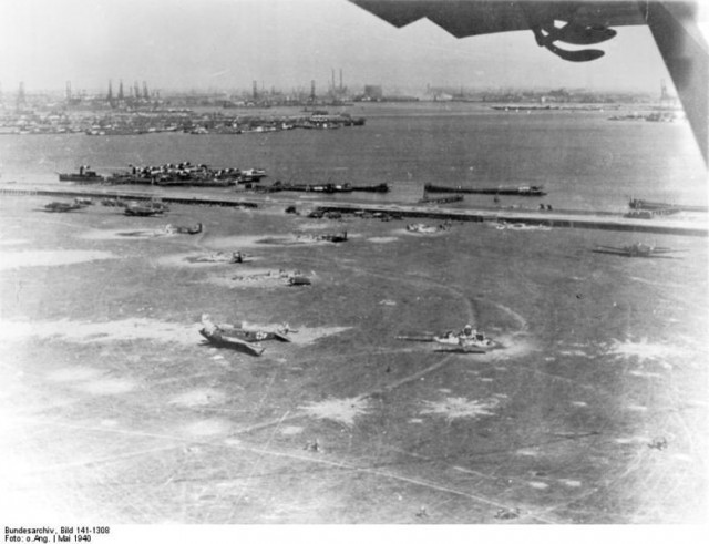 Destroyed Junkers JU-52 airplanes at the Waalhaven airport in the Netherlands. This was one of the airfields where the Germans landed parachutists to capture the airfield. Reinforcements were then flown in by Junkers JU52 planes.