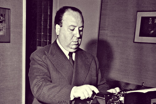Alfred Hitchcock making the script for his documentary from where Night Will Fall was based upon.
