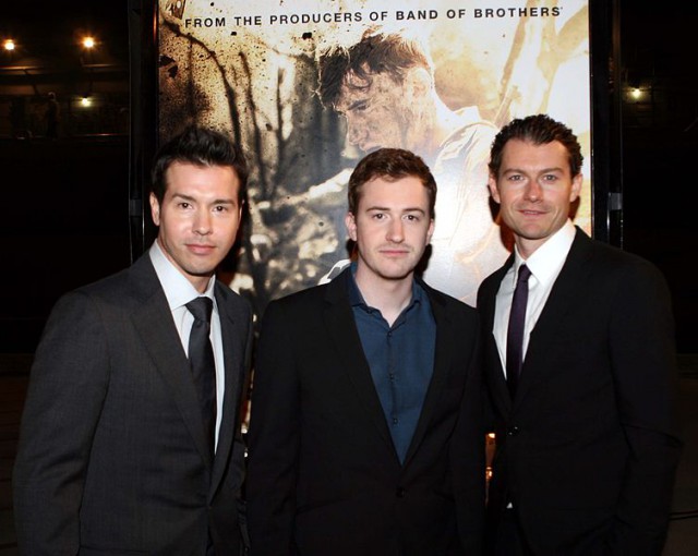 ohn Seda, Joe Mazzello and James Badge Dale, the stars of HBO's 10-part miniseries presentation "The Pacific" pose for pictures at the San Diego premiere of the show on the USS Midway, Feb. 25