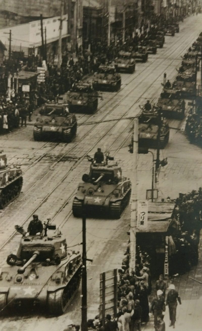While stationed in Japan as part of the occupational forces, Bernskoetter took this picture of Sherman tanks in a parade on July 4, 1946. Courtesy of Norbert Bernskoetter  