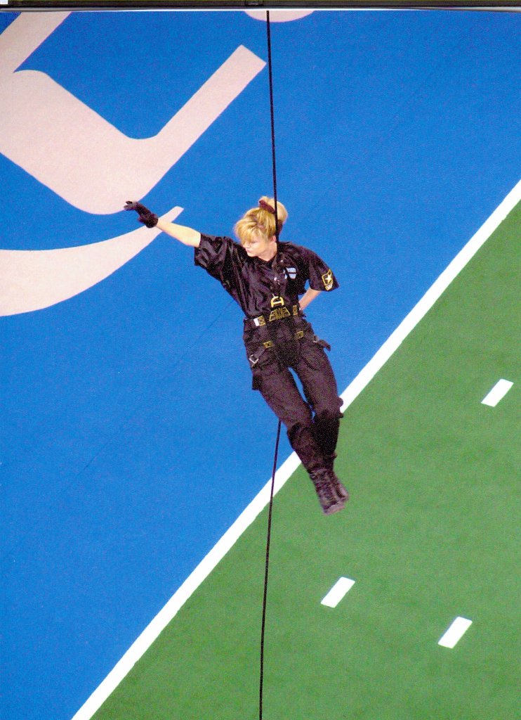 Ott is pictured above in 2003 rappelling from the rafters at the Omni Center in Atlanta, Ga., as part of recruiting initiative intended to strengthen the community relations between the U.S. Army Recruiting Command and Georgia communities.  Courtesy of Susan Hogue 