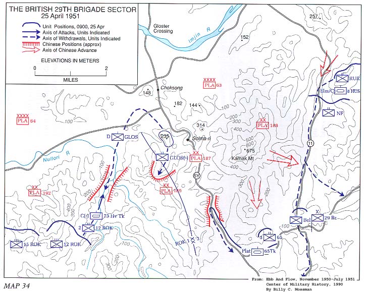 Map showing the situation at 9 am, 25 April: The Glosters are isolated on Hill 235 near Solma-ri, west of Route 5Y. The brigade's main line of retreat is Route 11. The Belgian battalion occupies blocking positions near the brigade's command post, while RNF, RUR and 8th Hussars are still further north. Additional support is provided by elements of the U.S. 65th Infantry. Note also the escape route of the Glosters' D Company.