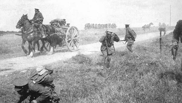 British troops avoid shell fire during the Great Retreat, August 1914