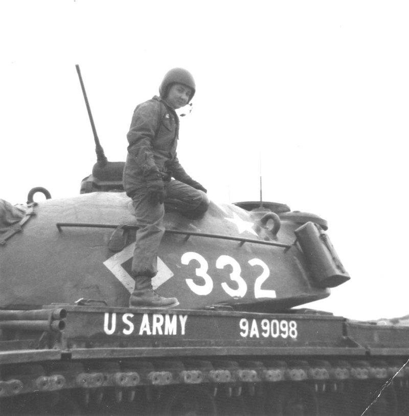 Smith is pictured on top of one of the M-48 Patton tanks he trained with while at Ft. Hood, Texas, in 1967. Courtesy of Dennis Smith