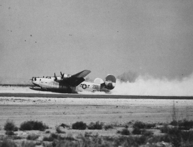 "T'ings Is Tuff" - Douglas-Tulsa B-24H-15-DT Liberator - s/n 41-28931
724th Bomb Squadron, 451st Bomb Group, 15th Air Force.
Shown making a belly-landing at it's base in Southern Italy after being damaged by flak on a mission to Ploesti,Rumania. 