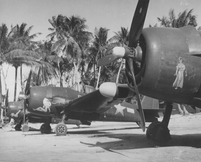 F6F-5NHellcataircraftofVMFN-541MAG-45areonthegroundatFalalopIslandUlithiAtoll1945_zps830d94bb1