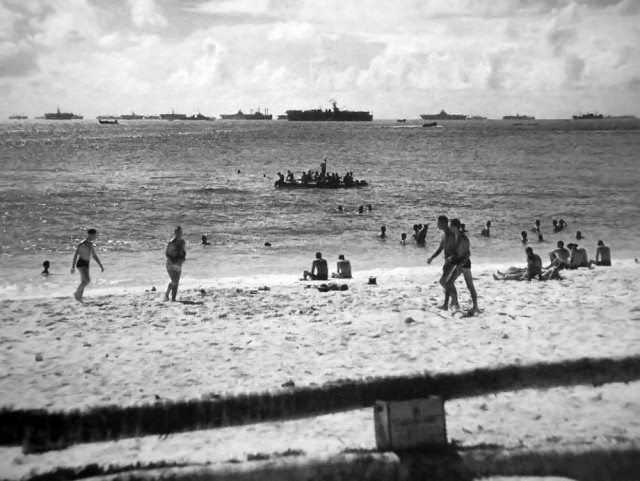 ShipmatesfromUSSESSEXCV-9enjoylibertyatthebeachinUlithiAtollDecember1944_zps6dbafe6b1