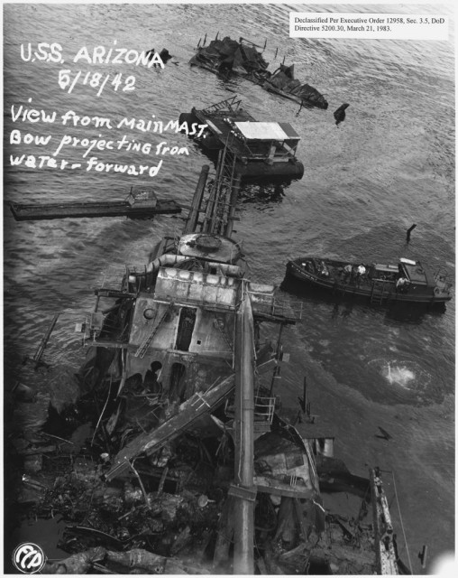 USS Arizona, View from main mast. Bow projecting from water- forward