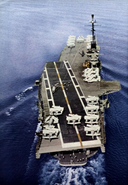 Aft view of the U.S. Navy aircraft carrier USS Yorktown (CVS-10) during her deployment to the Western Pacific from January to July 1960.