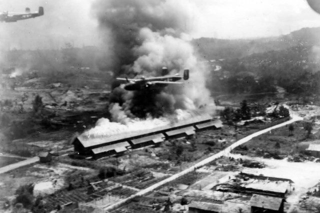 B-25_Mitchell_of_42nd_Bomb_Group_-_low_altitude_raid_on_Balikpapan_1945