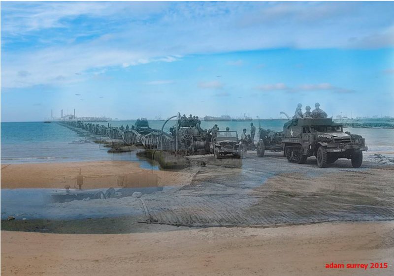 US Army vehicles come ashore on one of the floating causeways of the Mulberry artificial harbour off Omaha Beach, Normandy, 16 Jun 1944 - 2015