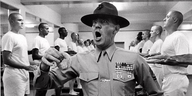 In this undated file photo, actor Lee Ermey, portraying "Gunnery Sgt. Hartman," yells at new Marine recruits in this scene from the 1987 movie "Full Metal Jacket," directed by Stanley Kubrick. (AP Photo, File)