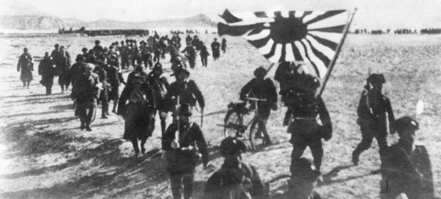 The Japanese army presses forward in the Pacific theater during World War II.