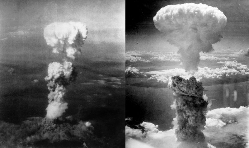 Left picture : At the time this photo was made, smoke billowed 20,000 feet above Hiroshima while smoke from the burst of the first atomic bomb had spread over 10,000 feet on the target at the base of the rising column. Right picture : Atomic bombing of Nagasaki on August 9, 1945, taken by Charles Levy.  Binksternet - CC BY-SA 3.0