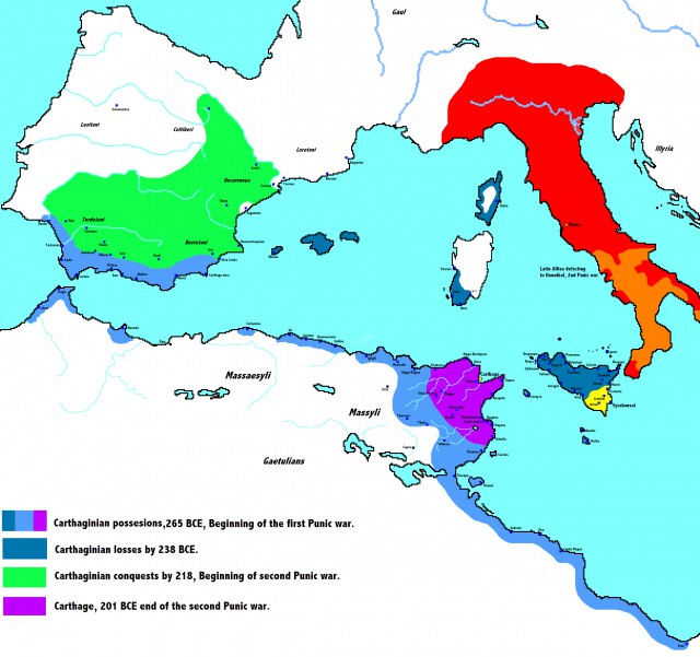 This map shows the height of the Carthaginian Empire as well as the size of the empire by the start of the siege, shown in purple