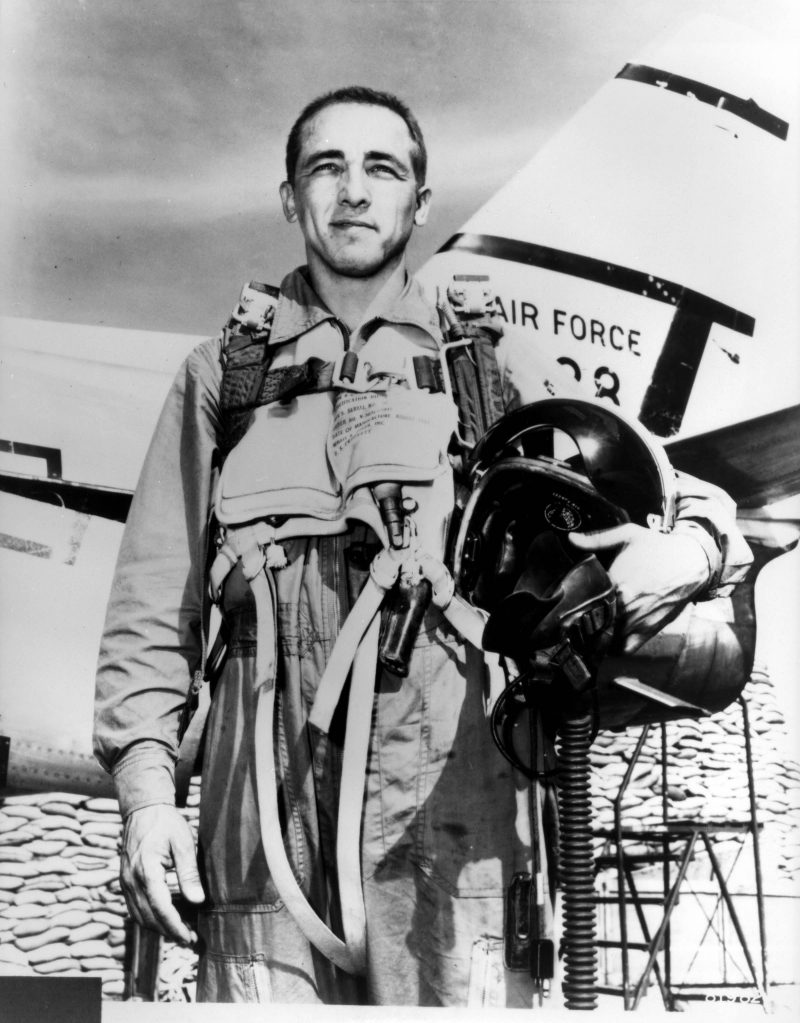 Brigadier General Robinson Risner is credited with destroying eight MiG-15s and damaging another while assigned to the 336 Fighter Squadron.  On September 21, 1952, then Major Risner scored double kills.  He achieved Ace status on September 15, 1952, downing his fifth MiG-15. Brigadier General Risner came from Tulsa, Oklahoma.  He entered the Air Force in 1944 and flew P-38, P-39, and P-40 fighers with the 30th Fighter Squadron in Panama from 1944 to 1946. (U.S. Air Force photo)