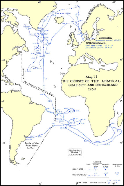 Map of the cruises of Admiral Graf Spee and Deutschland.