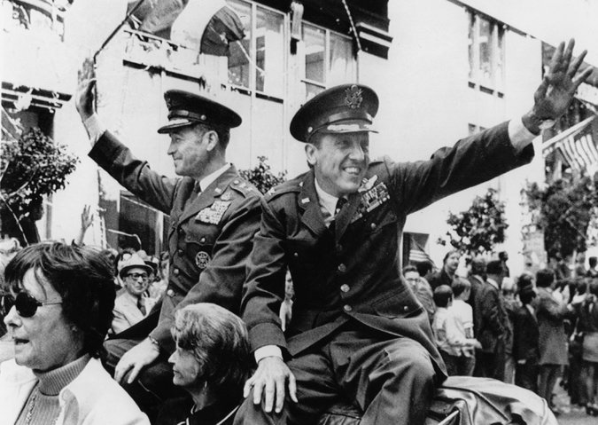 After his release in 1973, Colonel Risner, right, and Maj. Gen. LeRoy J. Manor rode in a parade in San Francisco. Credit United Press International