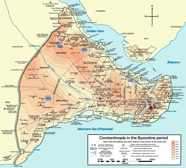 An excellent map of Constantinople showing an outline of the approximate position of the Constantinian Wall as well as the later Theodosian Walls.