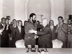 Castro shakes Kruschev’s hand in Cuba in 1961