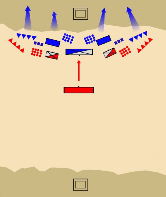 Ilipa. what would normally be a straight confrontation along all the lines is instead rigged by Scipio to get his best troops into the fight while withholding the Carthaginian's best.