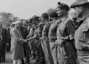Nehru shaking hands with Indian troops about to deploy to Aksai Chin