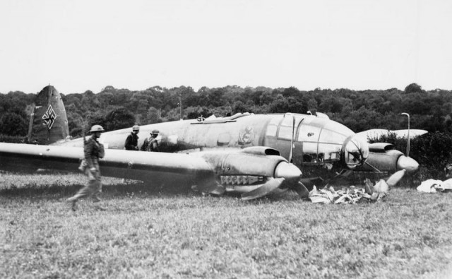 Heinkel He 111 P of Stab/KG 55 which crash-landed at Hipley in Hampshire on 12 July 1940. It was shot down by Hurricanes of 'B' Flight, No. 43 Squadron over Southampton Water.