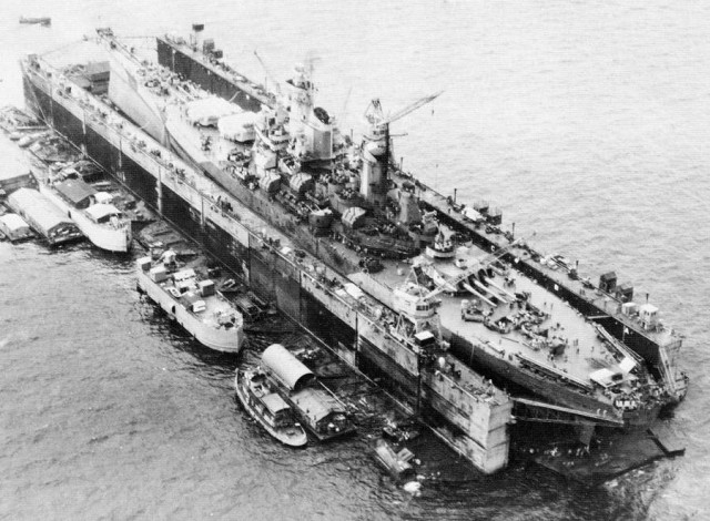 USS Iowa in a floating drydock in WWII